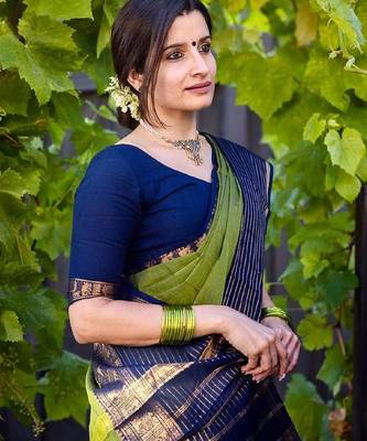 mehendi blue silk blend banarasi saree with unstitched blouse piece 4