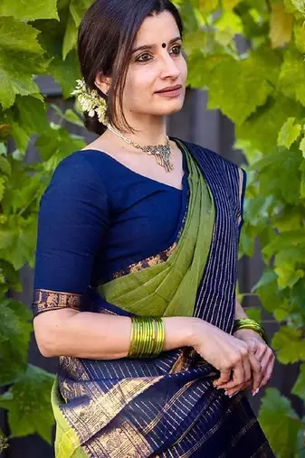 mehendi blue silk blend banarasi saree with unstitched blouse piece