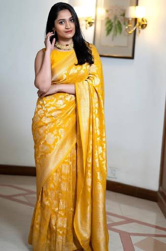 yellow soft art silk banarasi jacuard work designer party wear saree with unstitched blouse piece