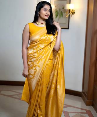 yellow silk blend banarasi saree with unstitched blouse piece 5
