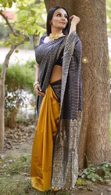 yellow blue silk blend banarasi saree with unstitched blouse piece 1