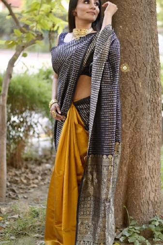 yellow blue  soft art silk banarasi jacuard work designer party wear saree with unstitched blouse piece