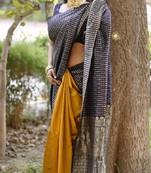 yellow blue  soft art silk banarasi jacuard work designer party wear saree with unstitched blouse piece