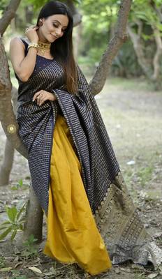 yellow blue silk blend banarasi saree with unstitched blouse piece 2