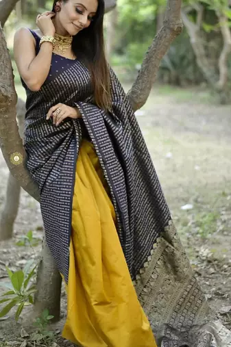 yellow blue silk blend banarasi saree with unstitched blouse piece