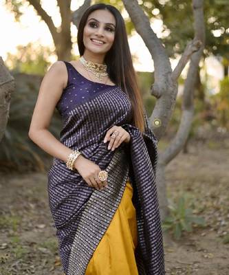 yellow blue silk blend banarasi saree with unstitched blouse piece 3
