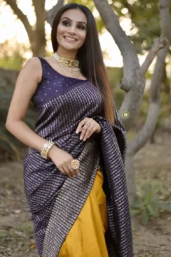 yellow blue silk blend banarasi saree with unstitched blouse piece