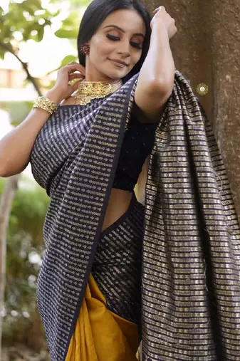 yellow blue silk blend banarasi saree with unstitched blouse piece