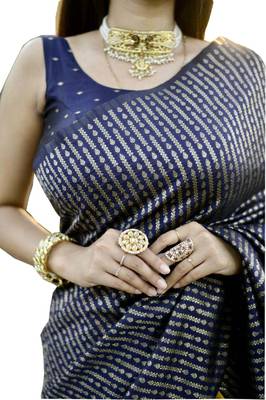 yellow blue silk blend banarasi saree with unstitched blouse piece 5