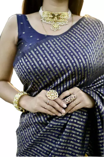 yellow blue silk blend banarasi saree with unstitched blouse piece