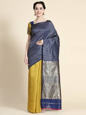 yellow blue silk blend banarasi saree with unstitched blouse piece 1