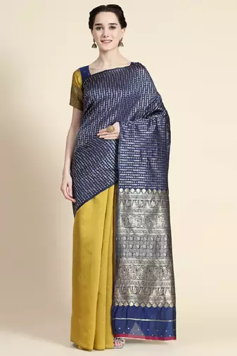 yellow blue  soft art silk banarasi jacuard work designer party wear saree with unstitched blouse piece