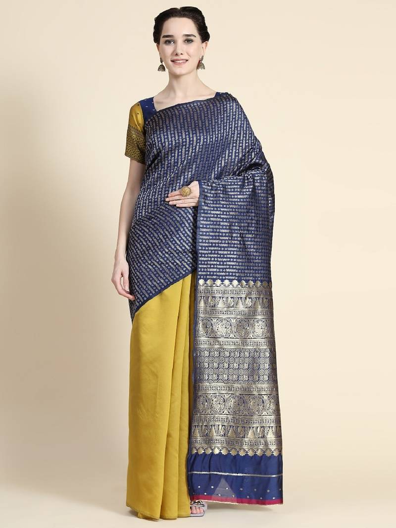 yellow blue  soft art silk banarasi jacuard work designer party wear saree with unstitched blouse piece