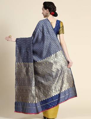 yellow blue silk blend banarasi saree with unstitched blouse piece 2