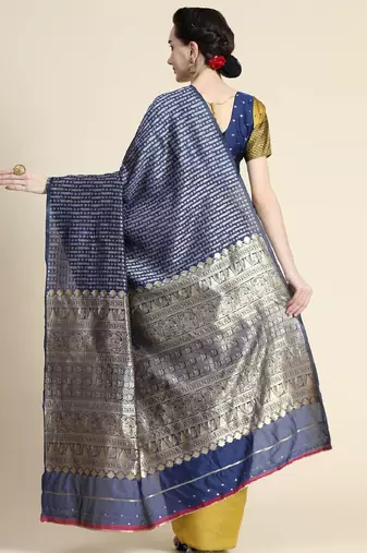 yellow blue silk blend banarasi saree with unstitched blouse piece