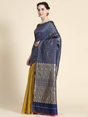 yellow blue silk blend banarasi saree with unstitched blouse piece 3