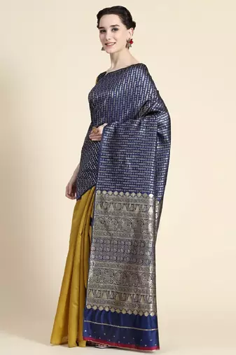 yellow blue silk blend banarasi saree with unstitched blouse piece