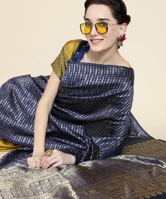 yellow blue silk blend banarasi saree with unstitched blouse piece 4