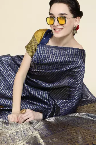 yellow blue silk blend banarasi saree with unstitched blouse piece