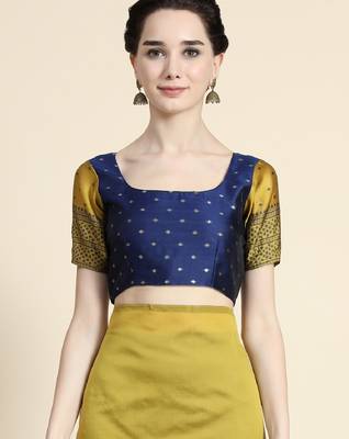 yellow blue silk blend banarasi saree with unstitched blouse piece 5