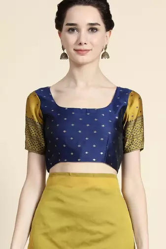 yellow blue silk blend banarasi saree with unstitched blouse piece