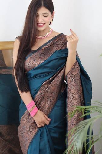 morpich  soft art silk banarasi jacuard work designer party wear saree with unstitched blouse piece