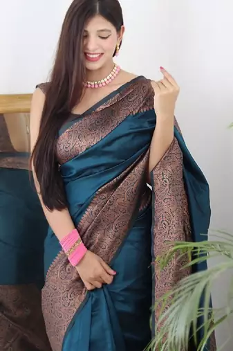 morpich  soft art silk banarasi jacuard work designer party wear saree with unstitched blouse piece