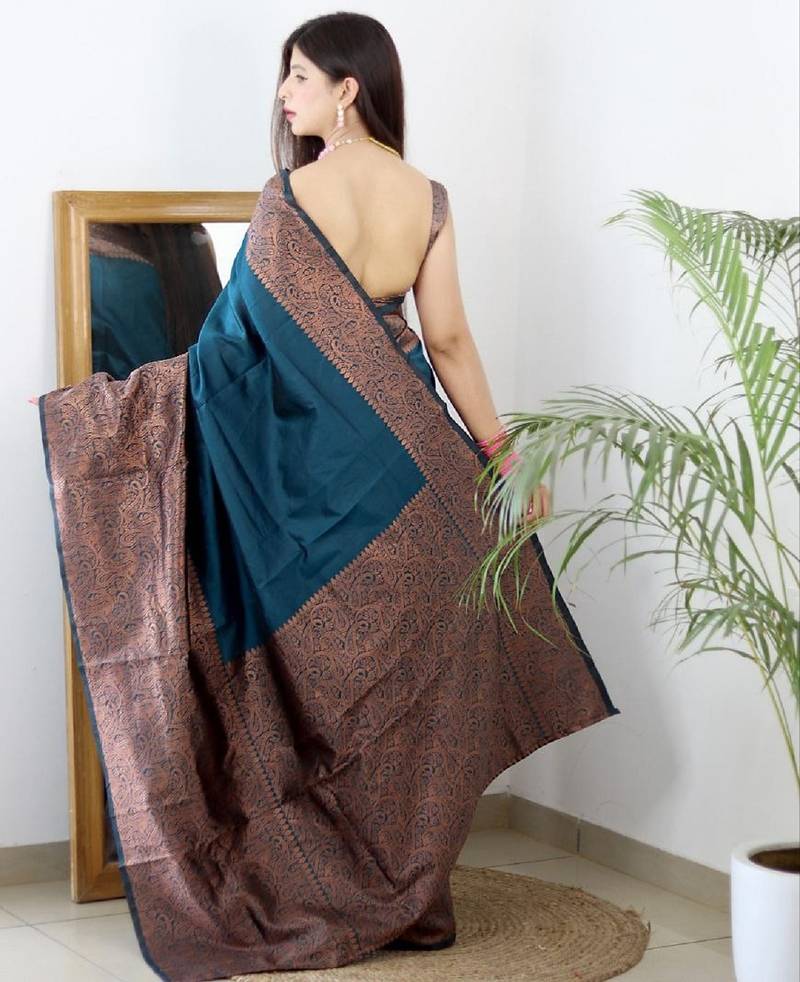 morpich  soft art silk banarasi jacuard work designer party wear saree with unstitched blouse piece