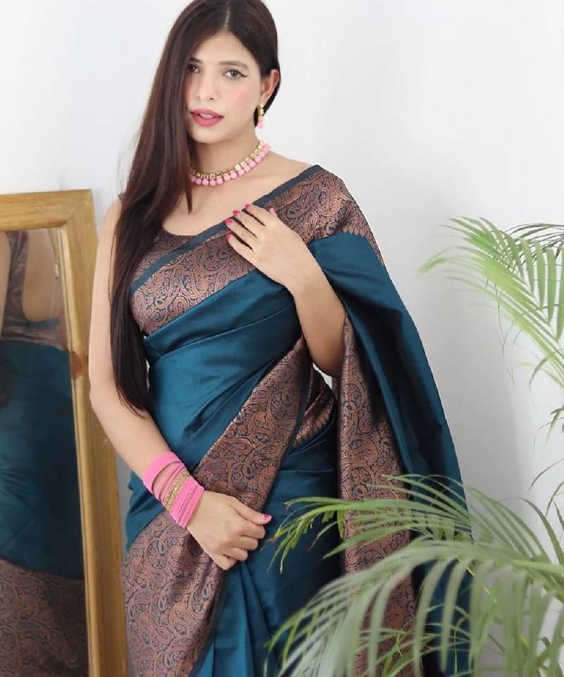 morpich  soft art silk banarasi jacuard work designer party wear saree with unstitched blouse piece