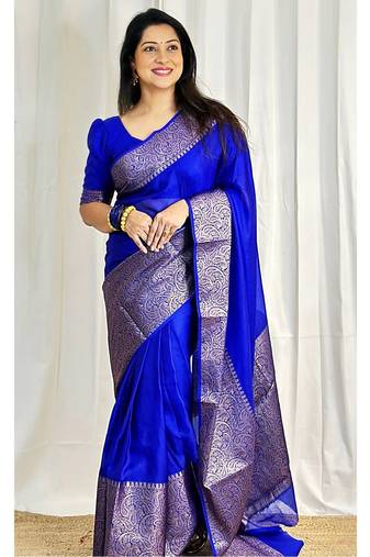royal blue  soft art silk banarasi jacuard work designer party wear saree with unstitched blouse piece