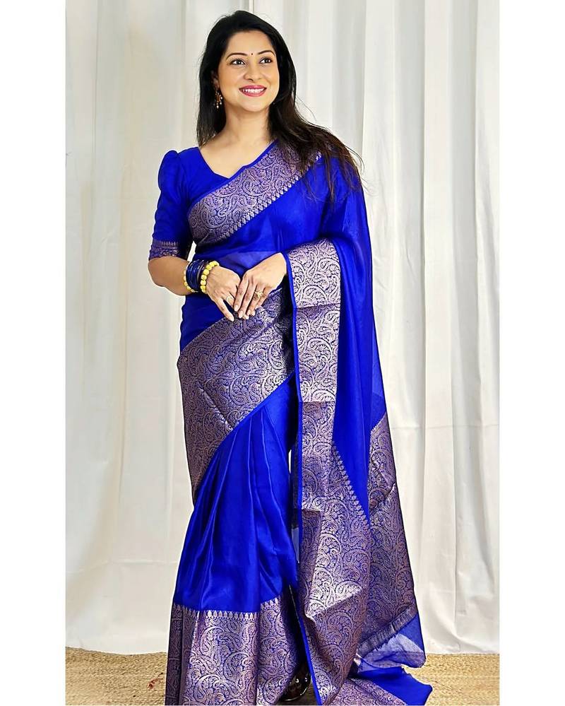 royal blue  soft art silk banarasi jacuard work designer party wear saree with unstitched blouse piece