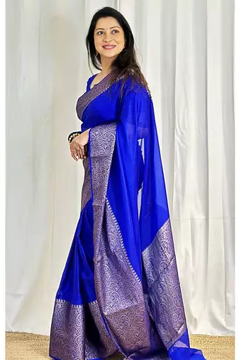 royal blue silk blend banarasi saree with unstitched blouse piece