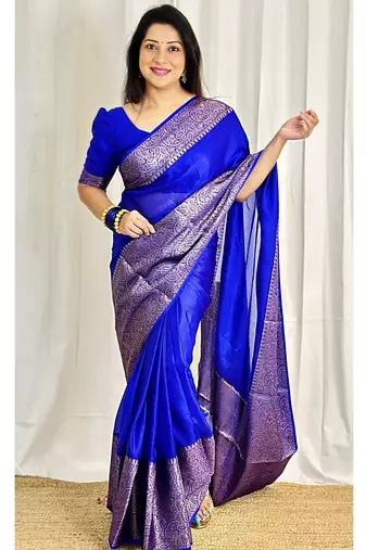 royal blue silk blend banarasi saree with unstitched blouse piece