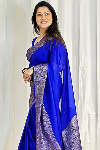 royal blue silk blend banarasi saree with unstitched blouse piece
