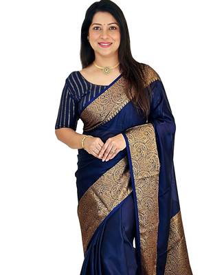 neavy blue silk blend banarasi saree with unstitched blouse piece 1