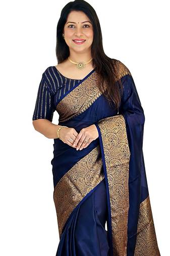neavy blue soft art silk banarasi jacuard work designer party wear saree with unstitched blouse piece