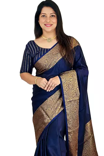 neavy blue soft art silk banarasi jacuard work designer party wear saree with unstitched blouse piece