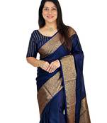 neavy blue soft art silk banarasi jacuard work designer party wear saree with unstitched blouse piece