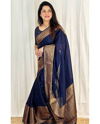 neavy blue silk blend banarasi saree with unstitched blouse piece 2