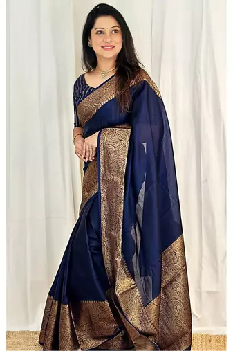 neavy blue silk blend banarasi saree with unstitched blouse piece
