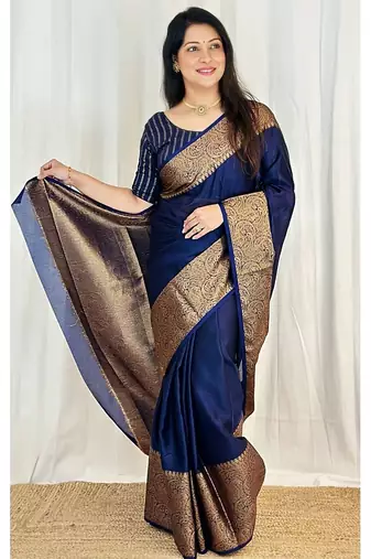 neavy blue silk blend banarasi saree with unstitched blouse piece