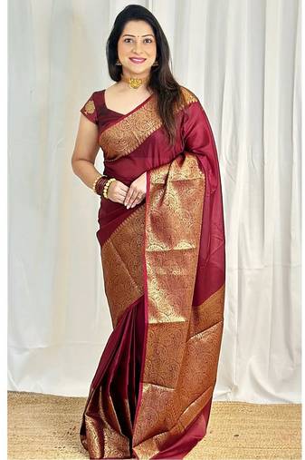maroon soft art silk banarasi jacuard work designer party wear saree with unstitched blouse piece