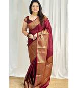 maroon soft art silk banarasi jacuard work designer party wear saree with unstitched blouse piece