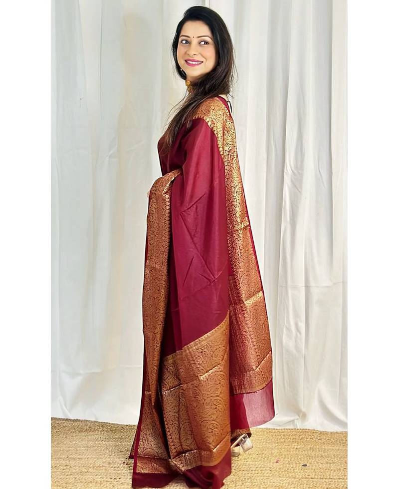 maroon soft art silk banarasi jacuard work designer party wear saree with unstitched blouse piece