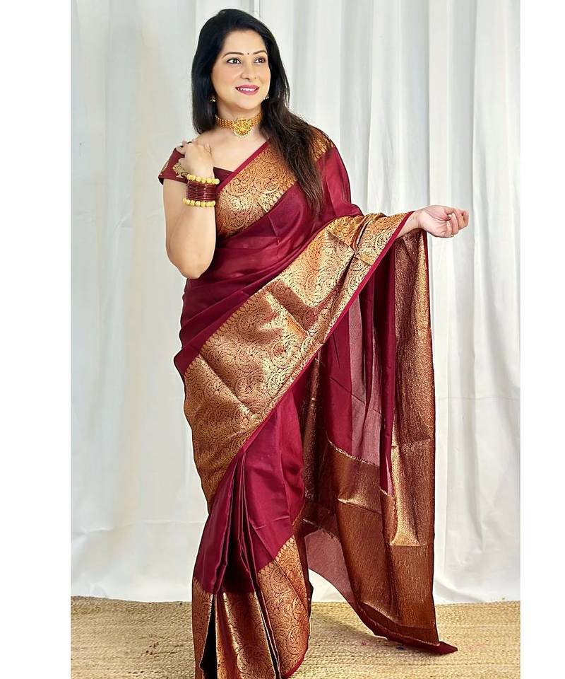 maroon soft art silk banarasi jacuard work designer party wear saree with unstitched blouse piece