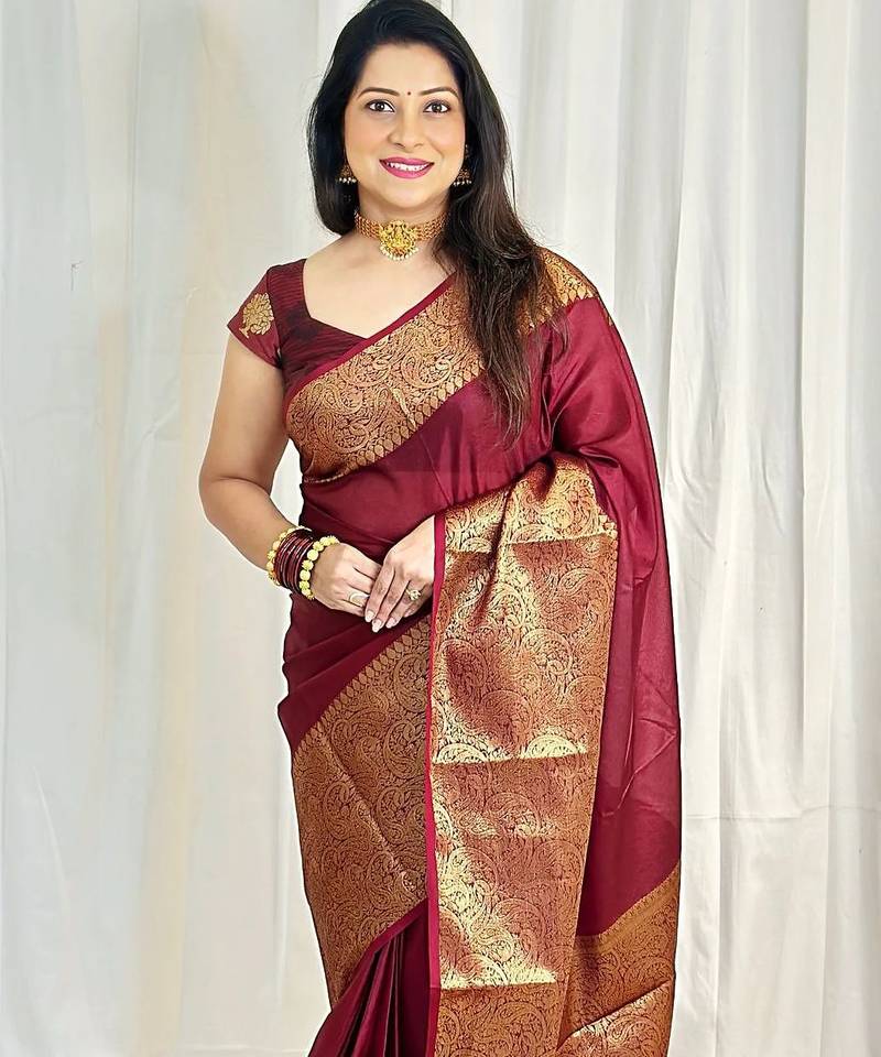 maroon soft art silk banarasi jacuard work designer party wear saree with unstitched blouse piece