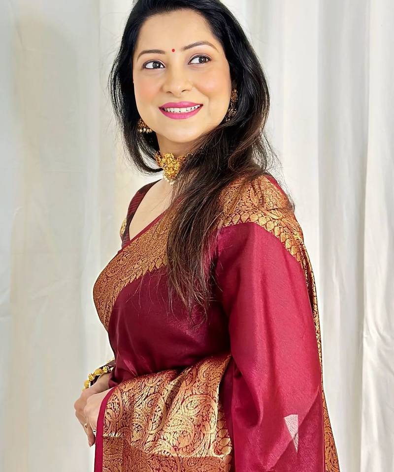 maroon soft art silk banarasi jacuard work designer party wear saree with unstitched blouse piece