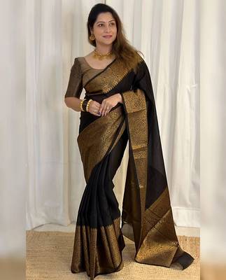 black silk blend banarasi saree with unstitched blouse piece 1
