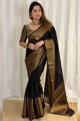 black soft art silk banarasi jacuard work designer party wear saree with unstitched blouse piece