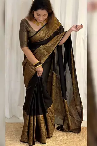 black silk blend banarasi saree with unstitched blouse piece